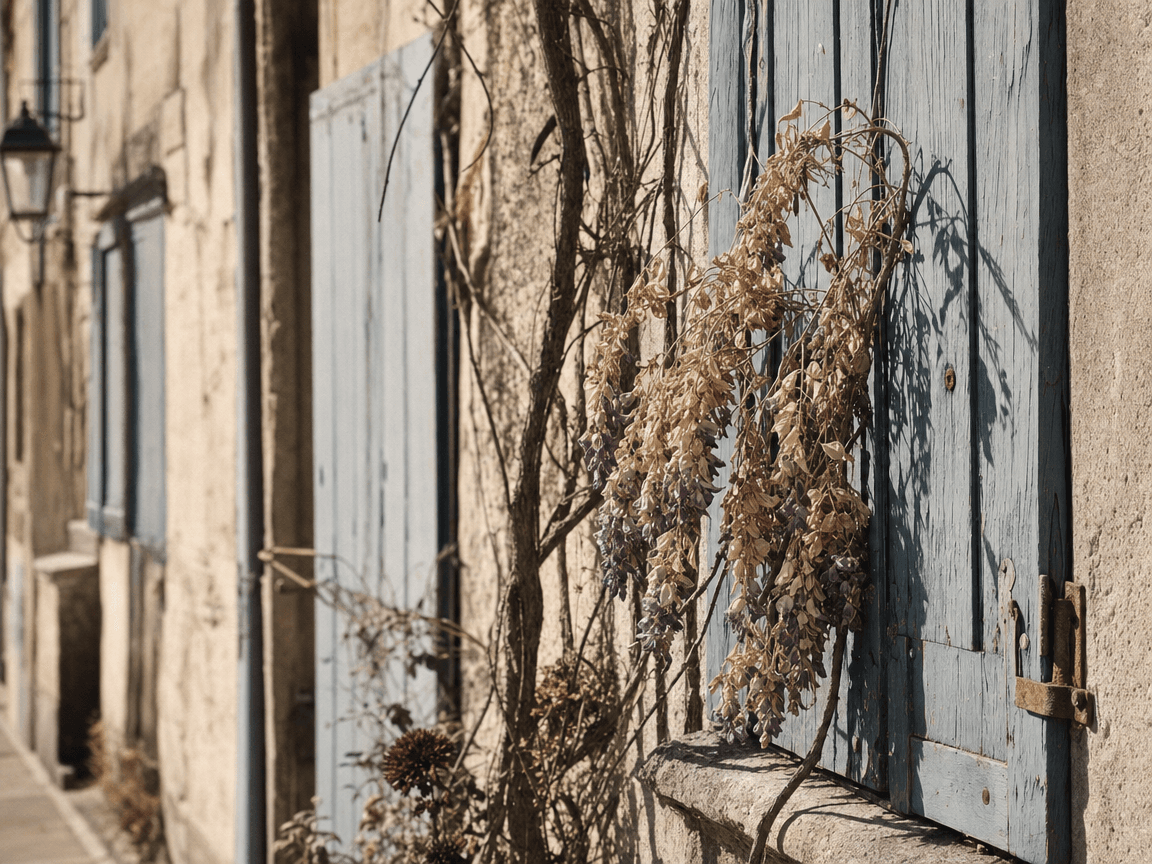 Une glycine fanée s'affaisse contre un volet en bois bleu délavé, dans l'ombre maigre d'une façade de village désert, en plein après-midi.