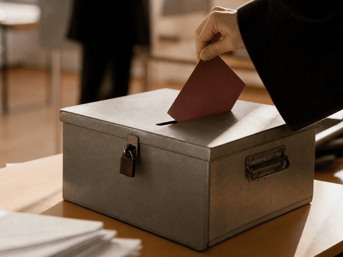 Une urne de vote en métal gris posée sur une table en bois clair, photographiée en légère contre-plongée dans la lumière rasante d'une fin d'après-midi, le fond fondu dans un flou chaud et indistinct.