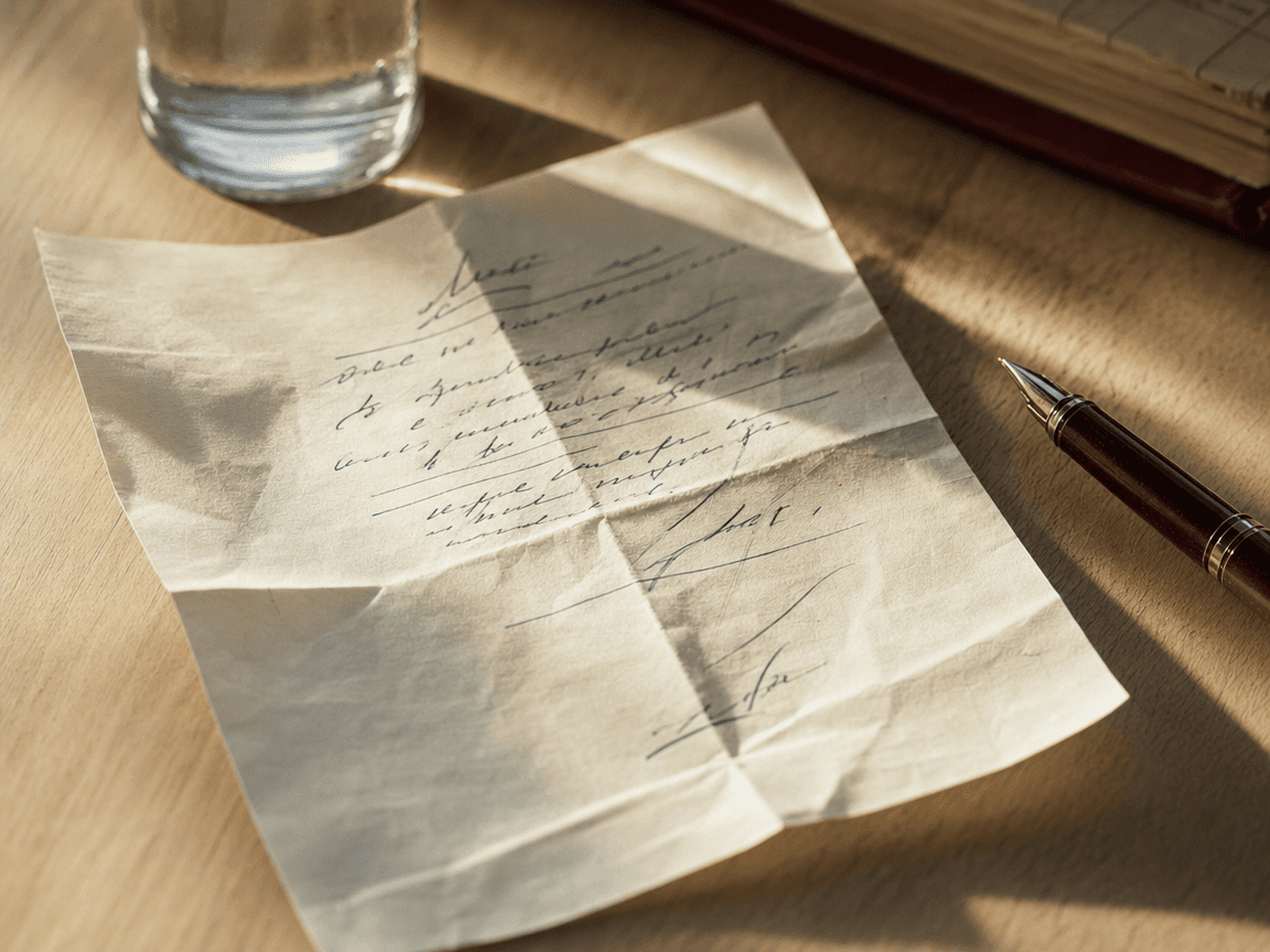 Une ordonnance médicale manuscrite posée sur une table en bois clair, partiellement froissée, éclairée par la lumière oblique d'une fenêtre de fin d'après-midi.