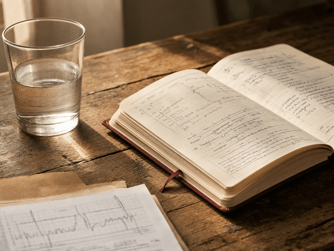 Sur une table en bois usé, un carnet de suivi médical ouvert sur une page couverte d'annotations manuscrites, à côté d'un verre d'eau à moitié plein, baigné d'une lumière de fin d'après-midi qui traverse une fenêtre hors champ.