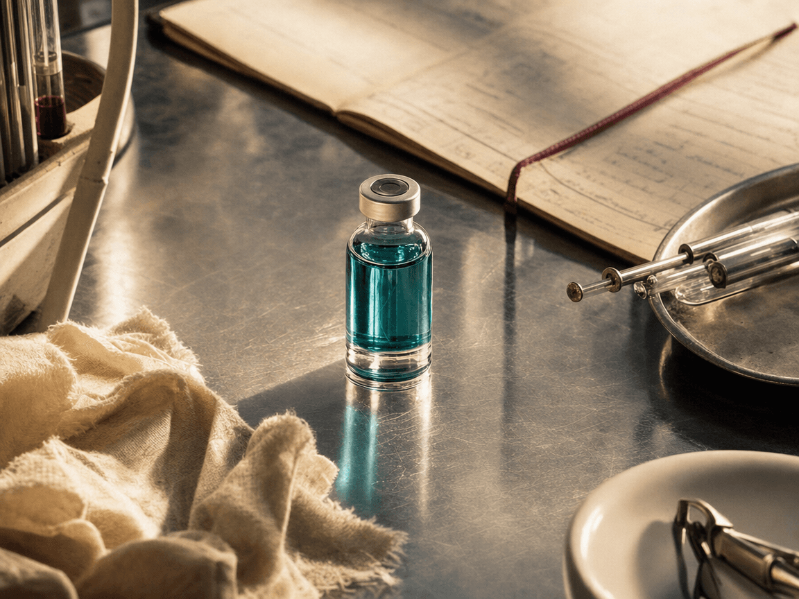 Une fiole de solution bleu-vert posée sur une paillasse de laboratoire en inox, éclairée par une fenêtre hors champ, le liquide translucide captant la lumière comme un œil ouvert.