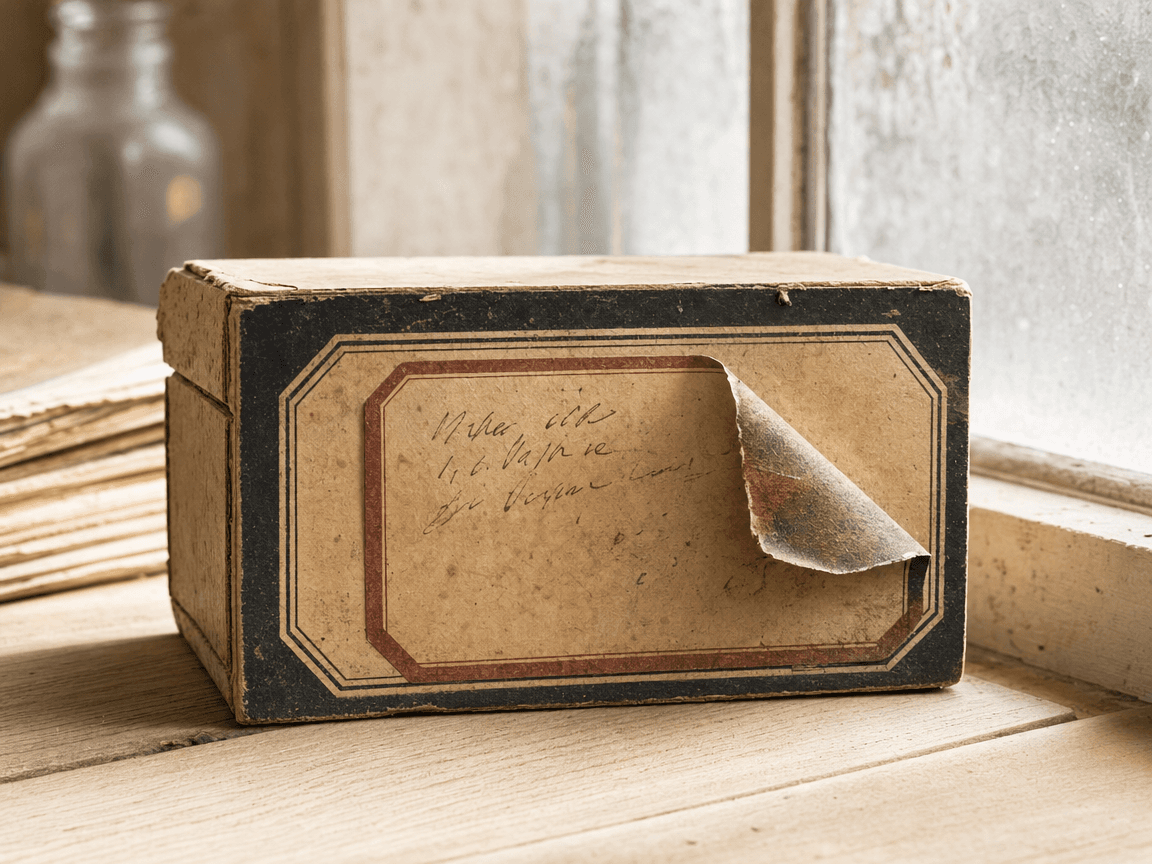Une boîte de médicaments ancienne, étiquette manuscrite à moitié décollée, posée sur une table en bois clair près d'une fenêtre dont la lumière du matin traverse les vitres légèrement embuées.