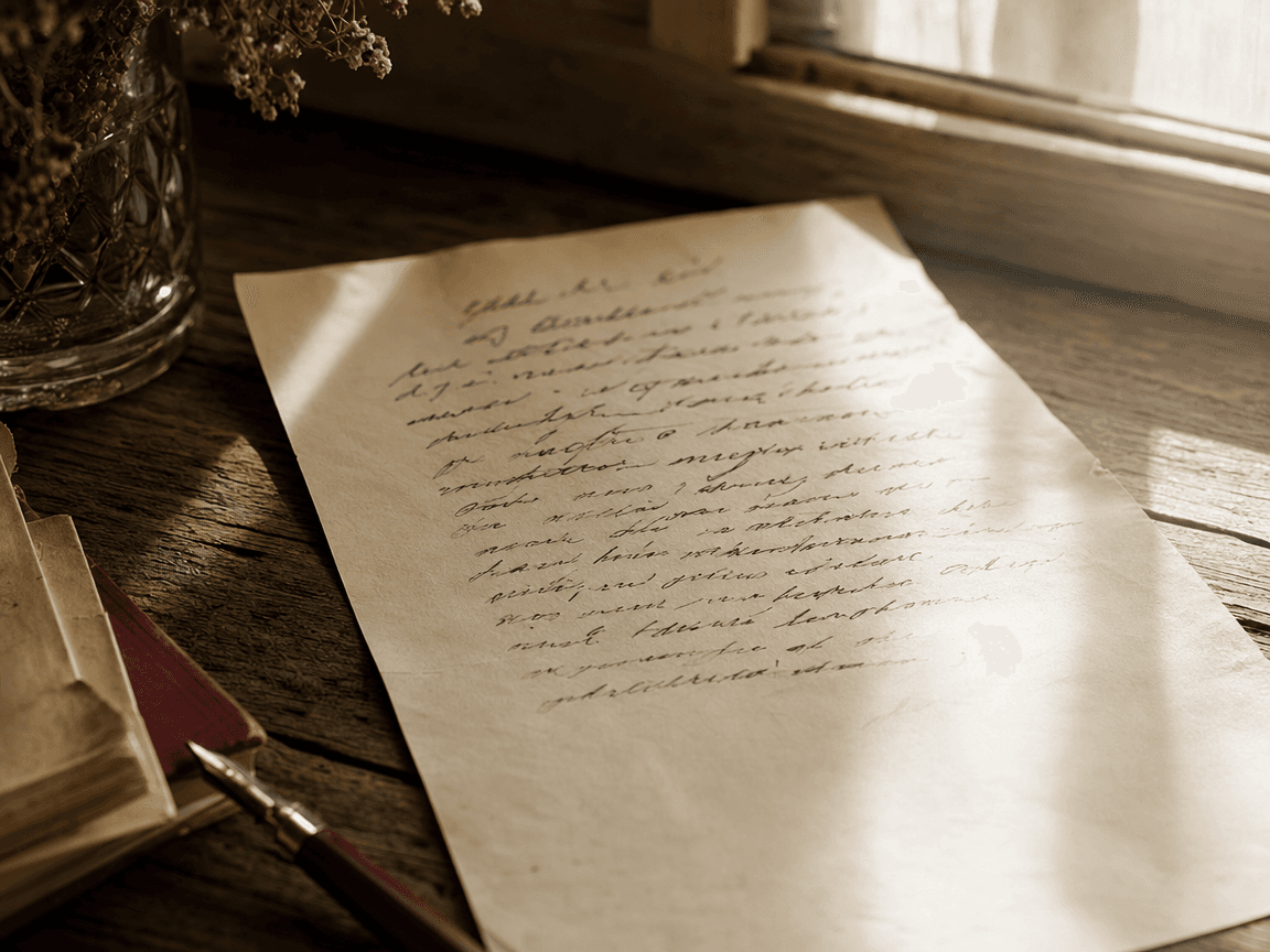 Une lettre manuscrite ancienne, posée sur une table en bois usé, dont les dernières lignes s'effacent progressivement dans la lumière rasante d'une fenêtre.