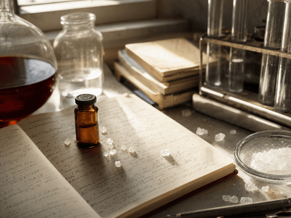Une paillasse de laboratoire en fin d'après-midi, éclairée par une fenêtre haute : un petit flacon de verre ambré posé sur un cahier de notes manuscrites couvert d'équations, entouré de quelques cristaux de sucre épars sur la surface blanche.