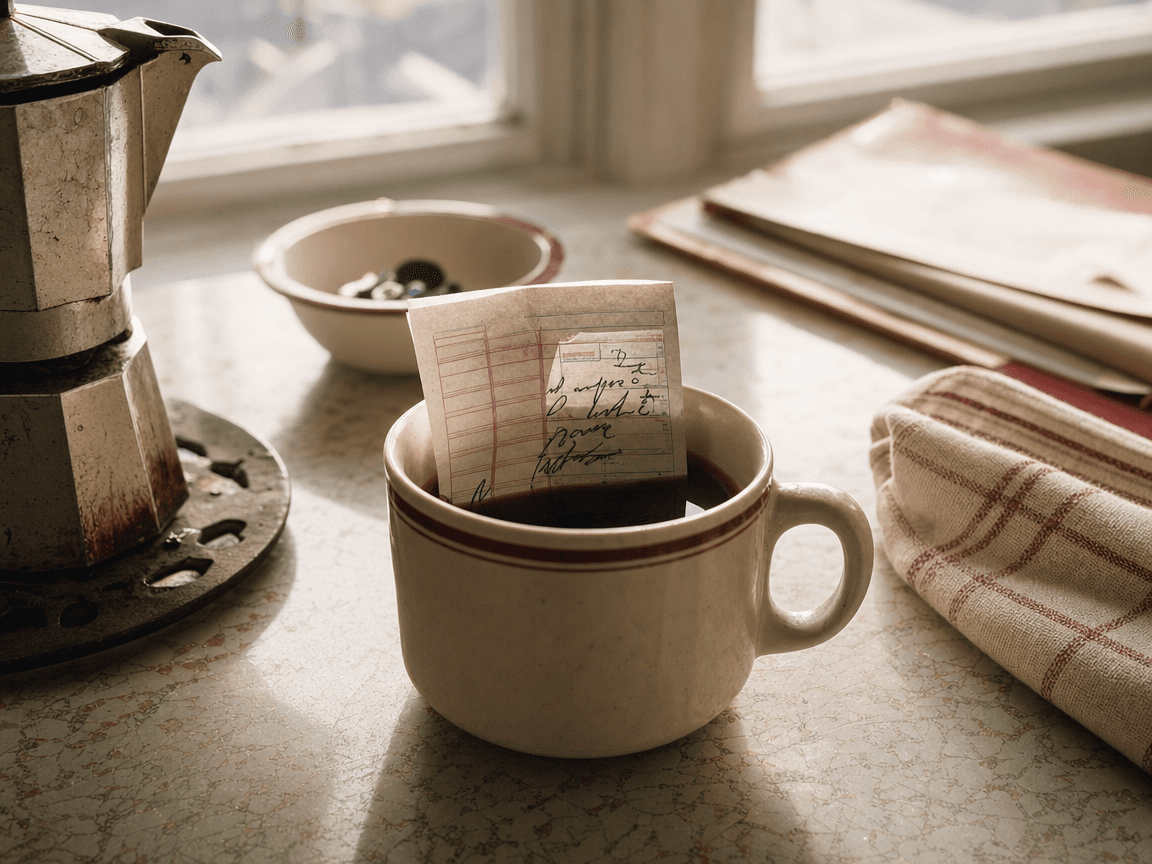 Sur une table de cuisine en formica usé, une ordonnance pliée en quatre dépasse d'une tasse de café refroidi, à contre-jour dans la lumière blanche d'une fenêtre d'hiver.