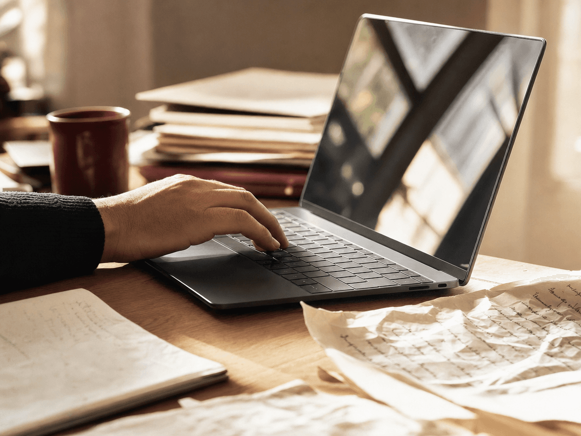 Une main posée sur un clavier d'ordinateur portable légèrement ouvert, écran luisant d'un reflet de fenêtre, sur un bureau en bois clair encombré de quelques feuilles manuscrites froissées — lumière de fin de matinée rasante.