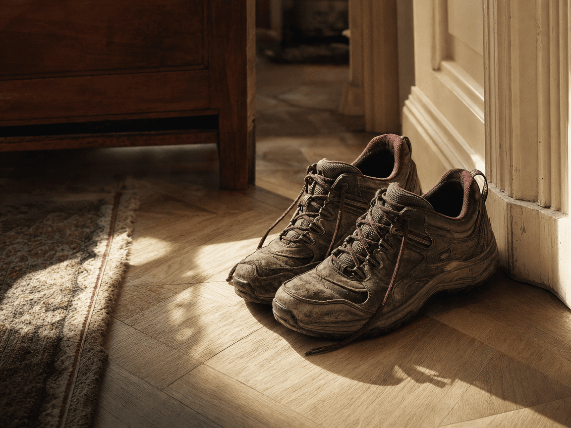 Une paire de chaussures de marche usées, posées sur le parquet en bois clair d'un couloir, éclairées en lumière rasante de fin d'après-midi.