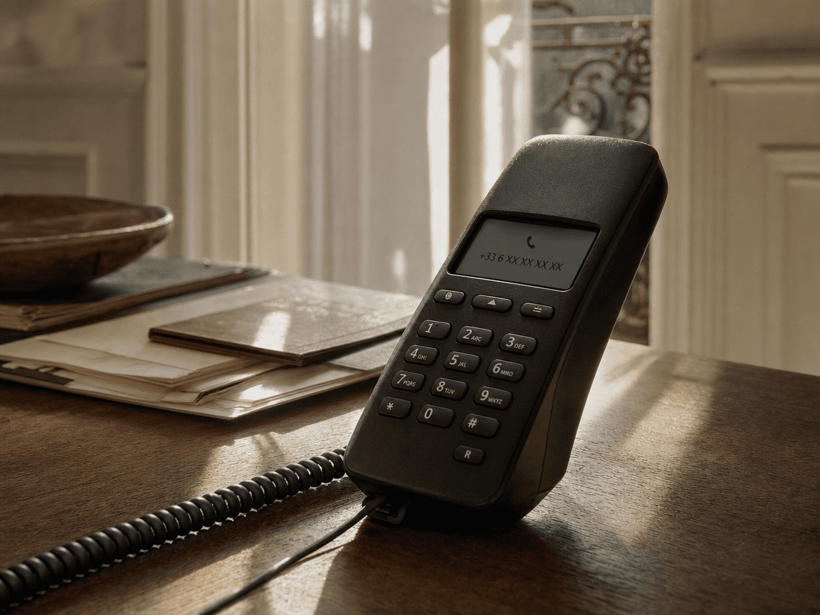 Un combiné téléphonique posé sur une table en bois, sonnant dans la lumière rasante d'un après-midi, l'écran affichant un numéro inconnu.