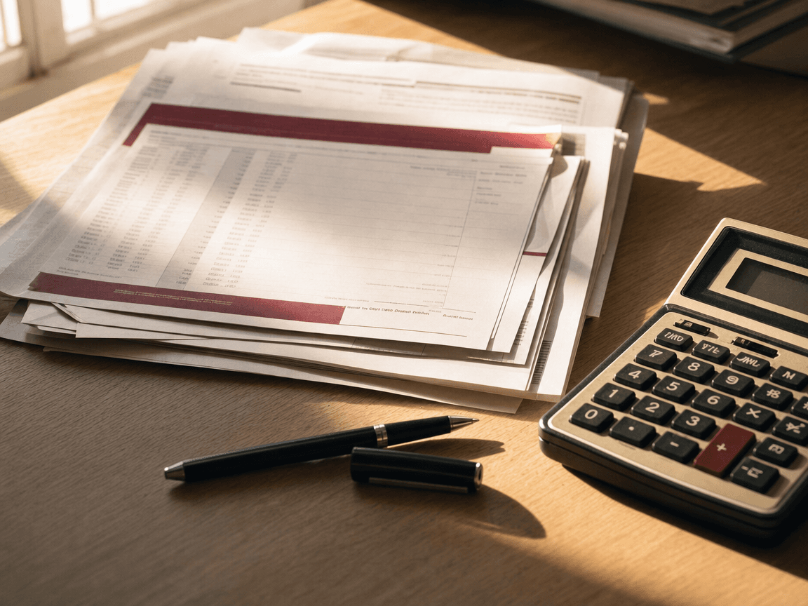 Une liasse de relevés de pension posée sur une table en bois clair, à côté d'un stylo bille ouvert et d'une calculatrice ancienne, baignés dans la lumière rasante d'une fin de matinée.