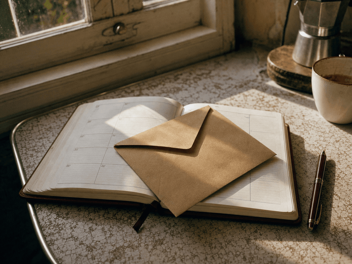 Une table de cuisine en formica usé, un carnet de rendez-vous ouvert à une semaine chargée, et une enveloppe kraft posée dessus, lumière de fin d'après-midi rasante depuis une fenêtre à petits carreaux.