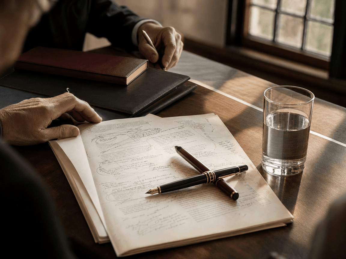 Une table de réunion institutionnelle, vue en plongée légère, sur laquelle reposent deux stylos-plumes posés en croix, un document couvert d'annotations manuscrites et un verre d'eau à moitié plein, baignés dans la lumière froide d'une fenêtre à petits carreaux.