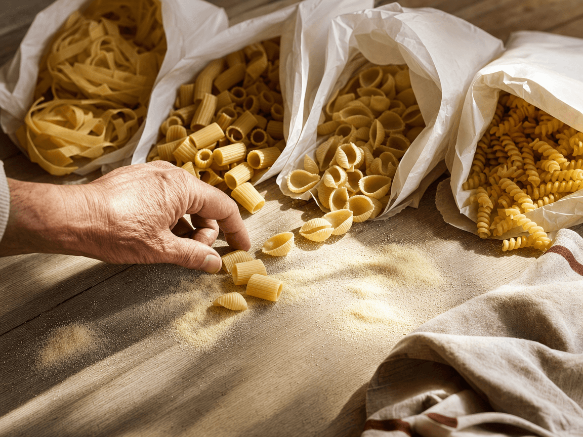 Une rangée de paquets de pâtes sèches entrouverts sur une table de cuisine en bois clair, photographiés en plongée légère, la lumière de fin d'après-midi rasant les semoules dorées répandues en petits tas irréguliers.