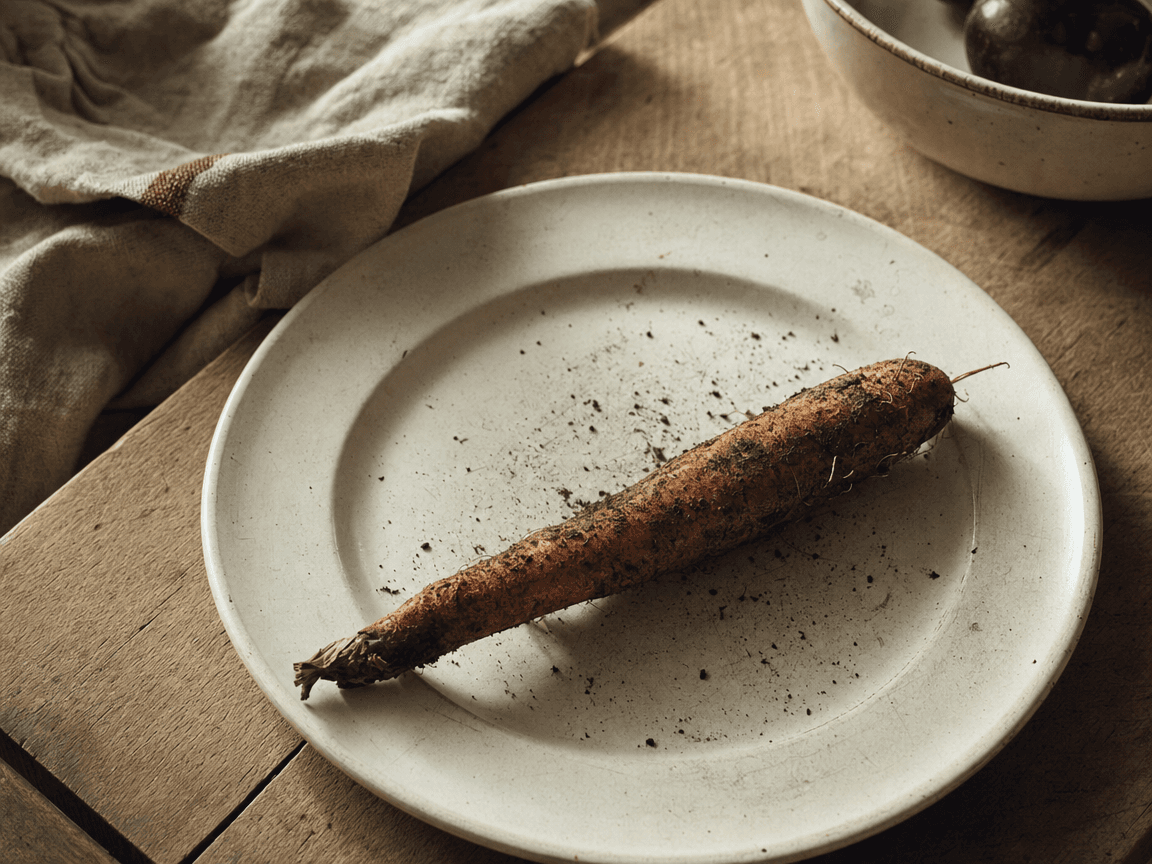 Une assiette en faïence blanche photographiée en plongée légère sur une table en bois clair, au centre de laquelle repose un unique légume-racine — une carotte ou un panais — encore terreux, éclairé par une lumière de fenêtre rasante qui fait ressortir la texture granuleuse de la terre séchée.
