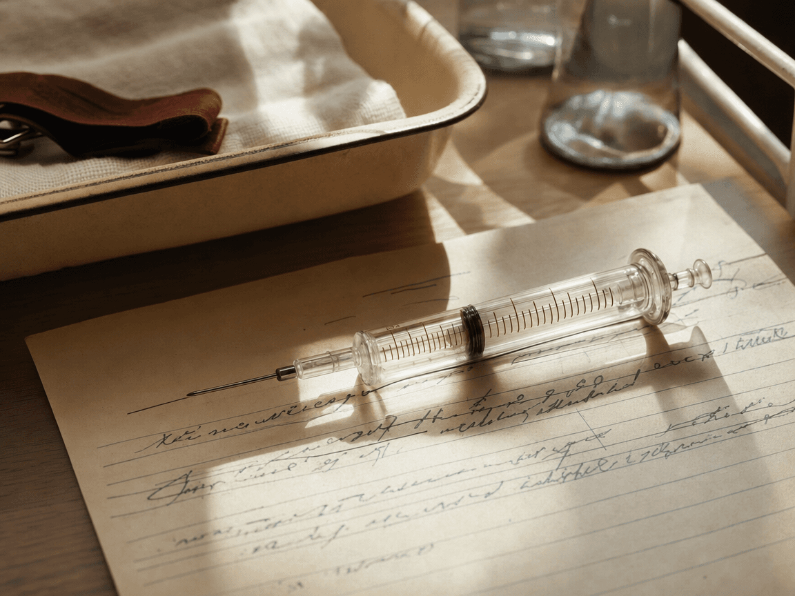 Une seringue en verre posée sur une feuille de protocole clinique manuscrite, éclairée en lumière rasante d'après-midi, sur une table d'hôpital en bois clair.
