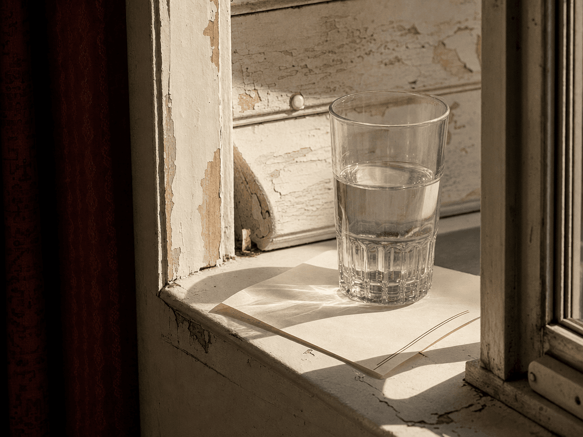 Un verre d'eau posé sur le rebord d'une fenêtre entrouverte, la lumière blanche de midi découpant une ombre nette sur l'ordonnance pliée glissée dessous, fond de volets en bois peint écaillé.