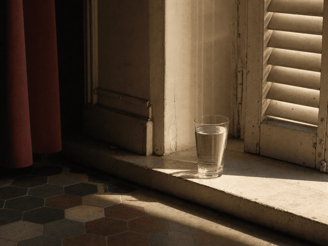 Un verre d'eau posé sur le rebord d'une fenêtre aux volets mi-clos, la lumière de fin d'après-midi découpant une ombre longue sur le carrelage encore chaud.