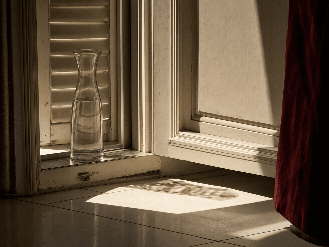 Une carafe d'eau posée sur le rebord d'une fenêtre aux volets mi-clos, la lumière de fin d'après-midi découpant une ombre dure sur le carrelage blanc d'un appartement silencieux.