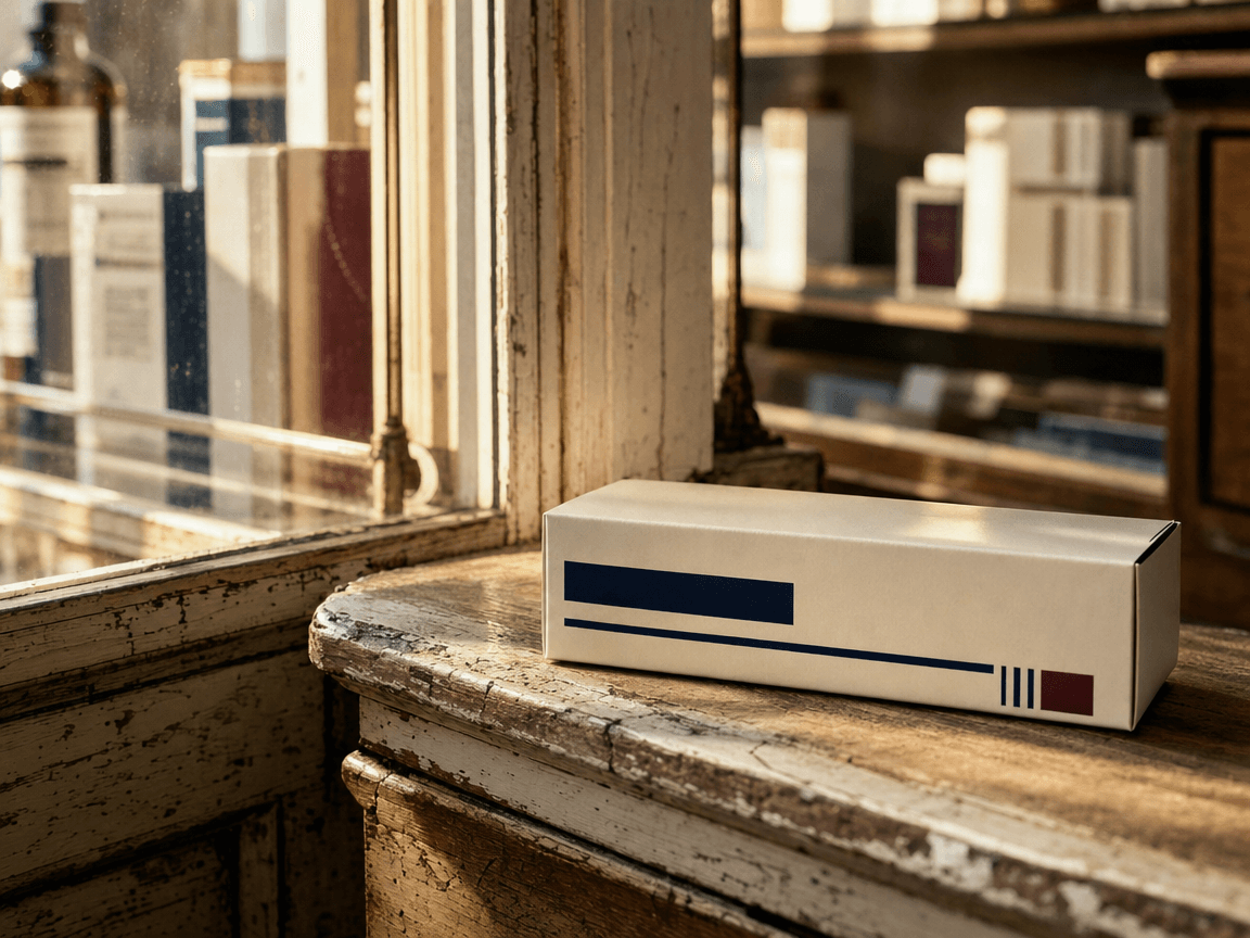 Une boîte de médicaments posée sur le bord d'un comptoir en bois vieilli, éclairée par la lumière rasante d'une vitrine de pharmacie, quelques reflets dorés sur le carton blanc et les caractères imprimés en bleu marine.