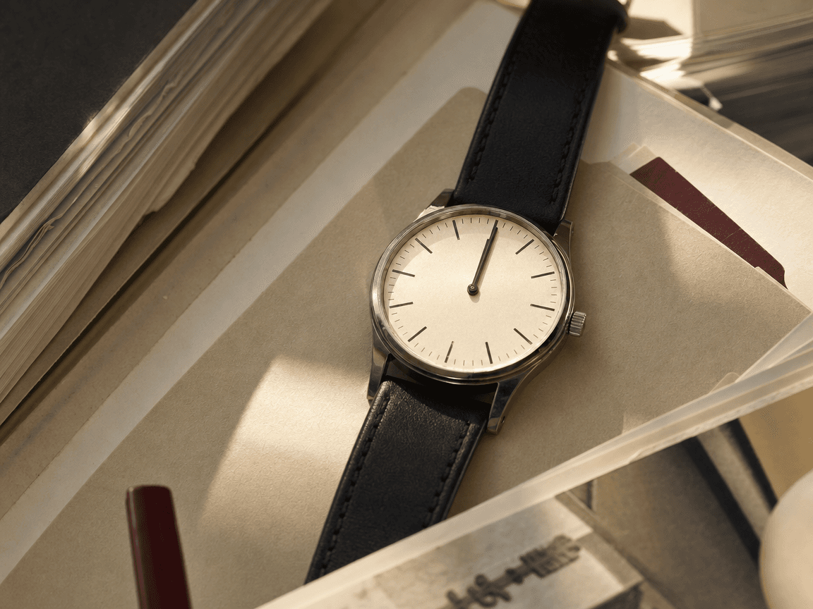 Une montre posée à plat sur un bureau encombré de dossiers, aiguilles arrêtées à mi-journée, lumière oblique de fin d'après-midi dorée sur le cadran.