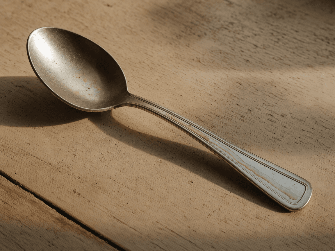 Une cuillère à soupe posée sur une table en bois clair, légèrement de travers, un filet de liquide séché sur le manche — lumière de fin d'après-midi rasante.