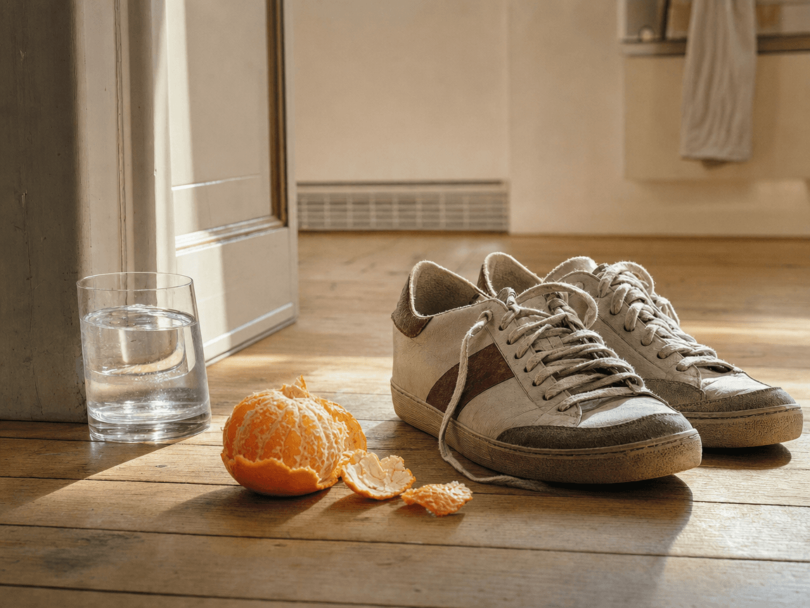 Une paire de baskets usées posée sur le parquet d'une cuisine baignée de lumière matinale, à côté d'un verre d'eau et d'une mandarine à moitié pelée.