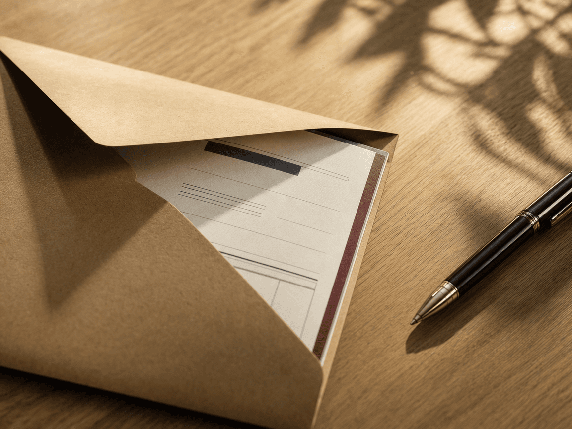 Une enveloppe kraft ouverte sur une table en bois clair, laissant apparaître le coin d'un document administratif et un stylo posé à côté, baignés d'une lumière de fin de matinée filtrant par une fenêtre hors champ.