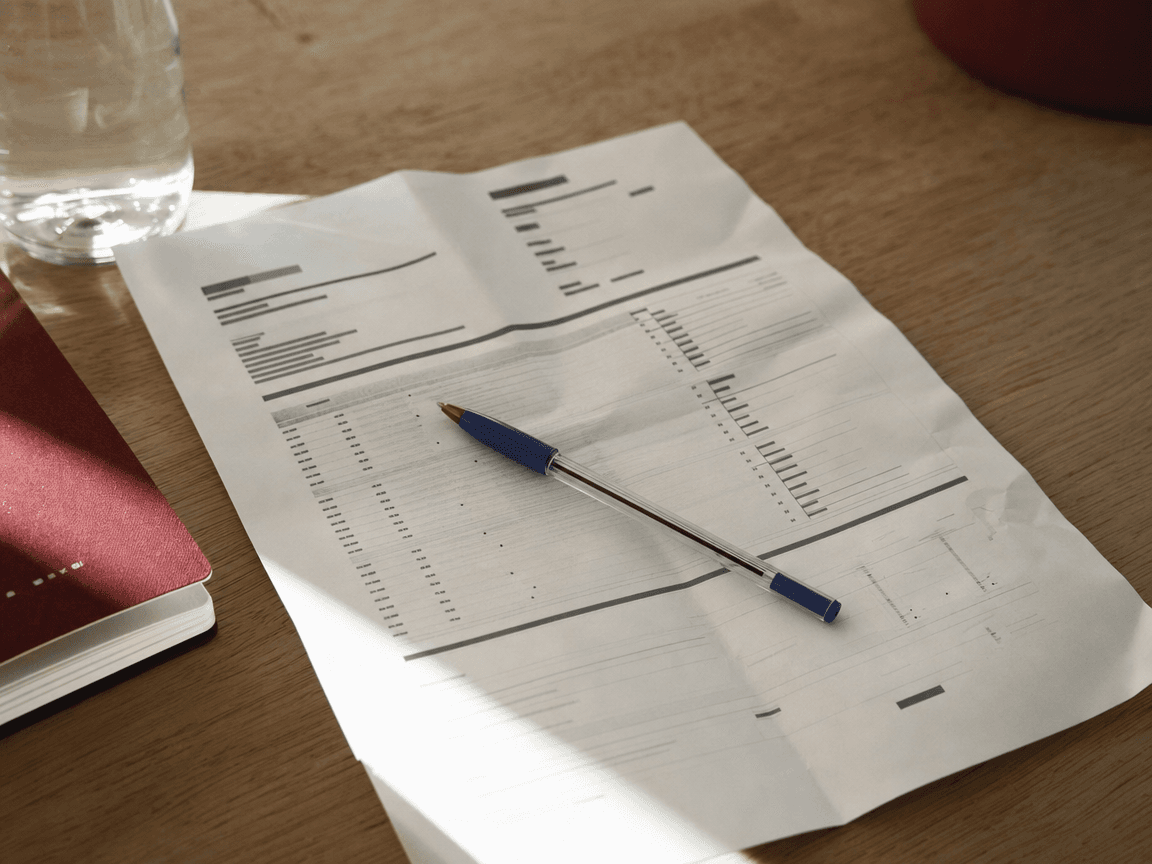 Une feuille de résultats d'analyses biologiques posée sur une table en bois clair, légèrement froissée, avec un stylo bic bleu abandonné dessus, baignée d'une lumière de fin de matinée rasant la surface.