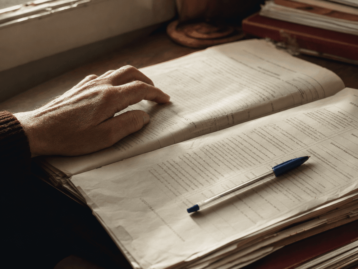 Une main posée sur un document administratif ouvert, stylo bic bleu abandonné en travers d'une ligne de texte dense, lumière de fenêtre rasante sur le papier légèrement froissé.