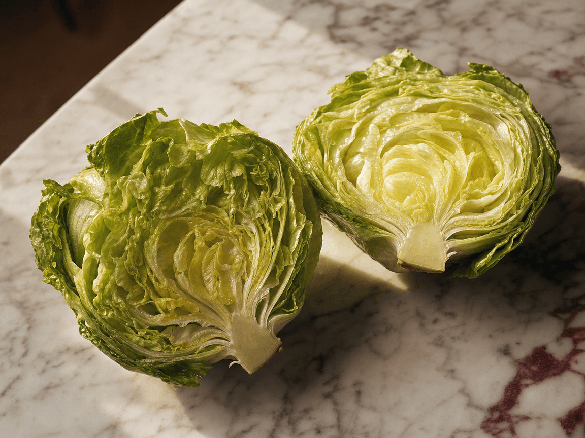 Une tête de laitue iceberg fendue en deux, posée à plat sur un plan de travail en marbre blanc, éclairée en lumière rasante de fin d'après-midi, révélant la texture translucide et humide de ses feuilles intérieures.