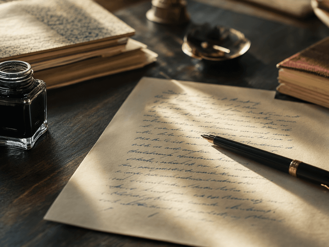 Une feuille manuscrite posée sur un bureau en bois sombre, encre bleue encore fraîche, stylo abandonné en travers, lumière de fin d'après-midi rasant les mots sans les révéler.
