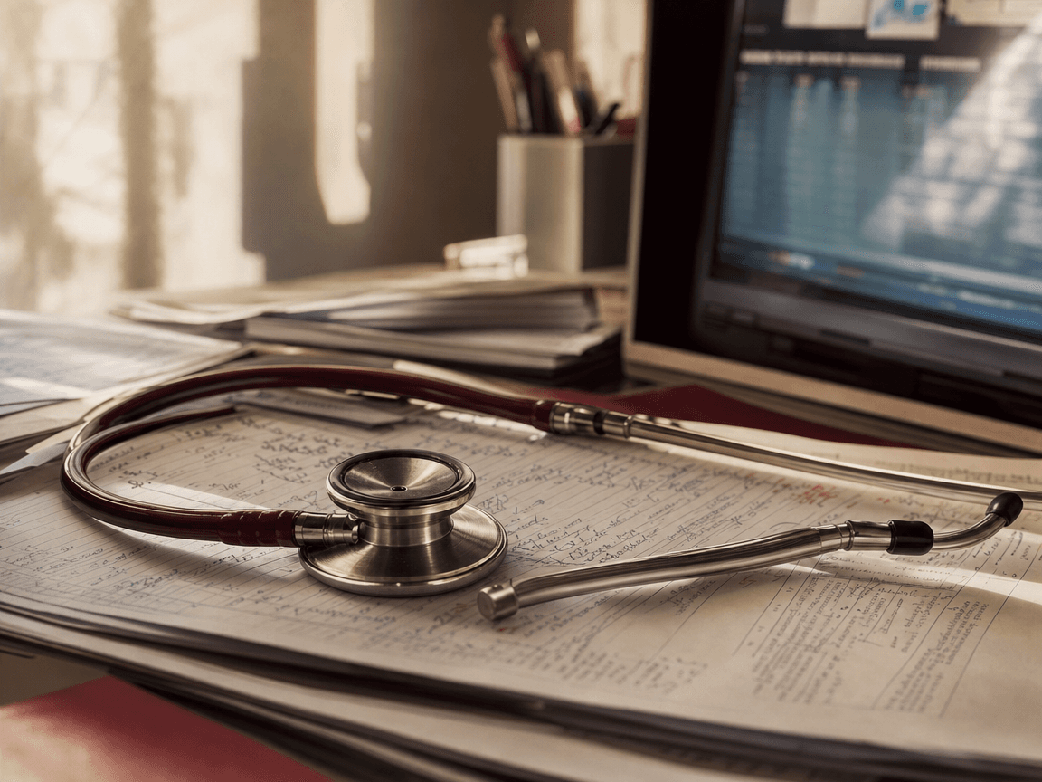 Un stéthoscope posé sur un bureau encombré de paperasse médicale manuscrite, effleuré par la lumière rasante d'une fenêtre, tandis qu'un écran d'ordinateur allumé diffuse une lueur bleue froide en arrière-plan, légèrement hors champ.