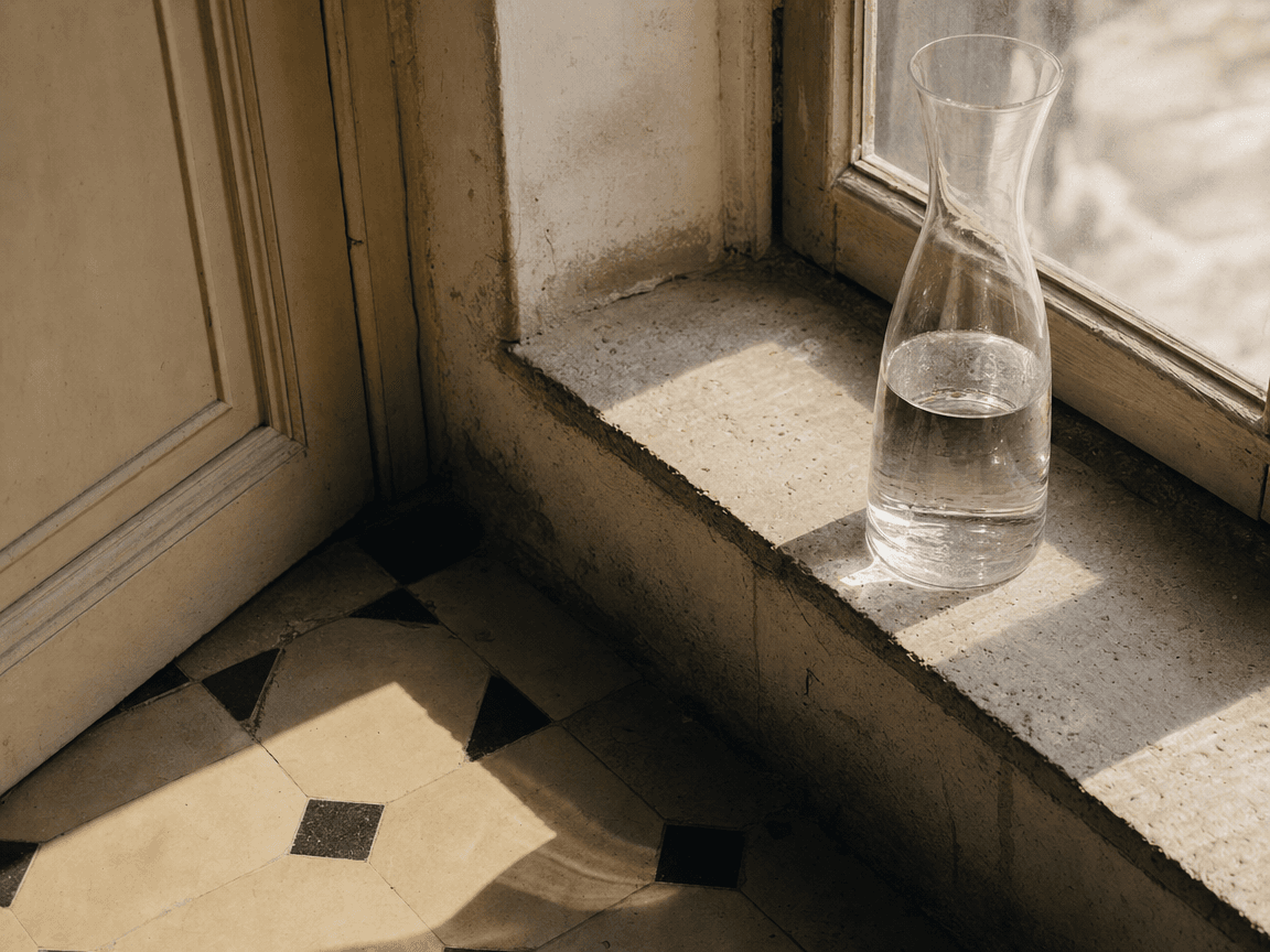 Une carafe en verre posée sur un rebord de fenêtre en pierre, à moitié vide, la lumière de fin d'après-midi traversant l'eau tiède et projetant une ombre longue sur un carrelage ancien.