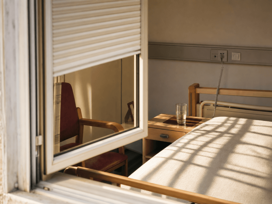 Une fenêtre entrouverte sur une chambre d'Ehpad baignée de lumière rasante de fin d'après-midi, le store en plastique blanc à demi tiré projetant des raies d'ombre sur un lit étroitement fait, un verre d'eau posé sur la table de nuit, intouché.