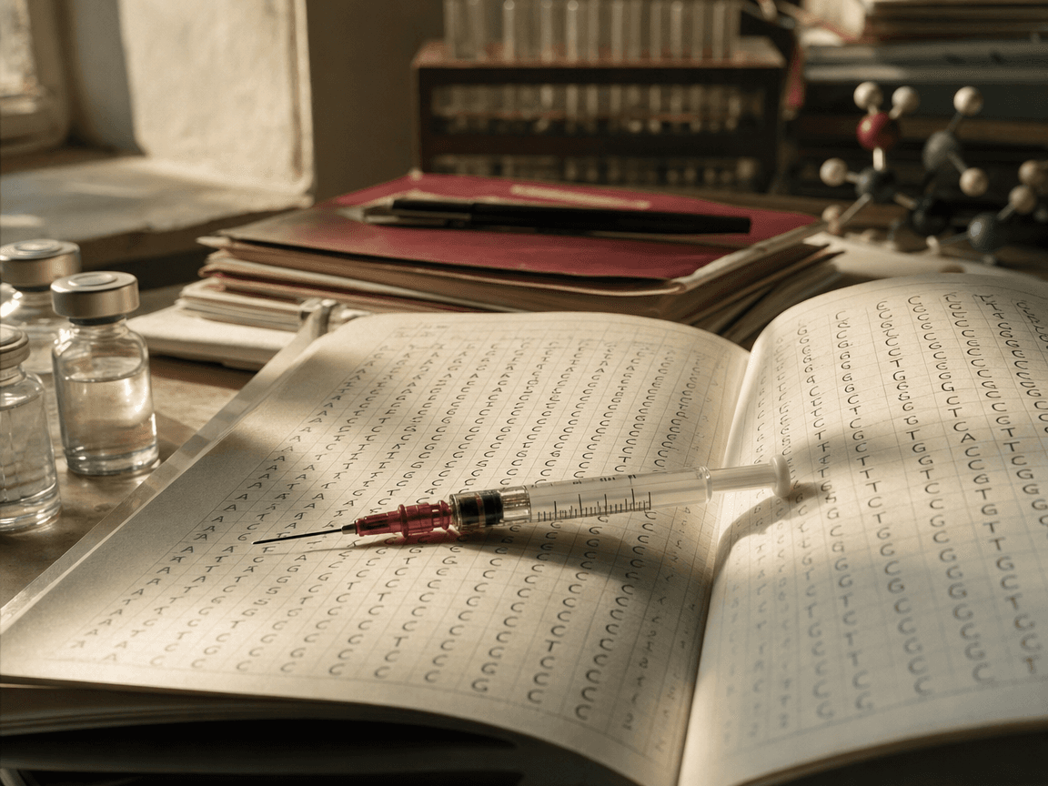 Une seringue posée sur un carnet de séquençage génétique ouvert, ses colonnes de lettres A, T, G, C imprimées en petit corps, éclairée par la lumière rasante d'une fenêtre de laboratoire.