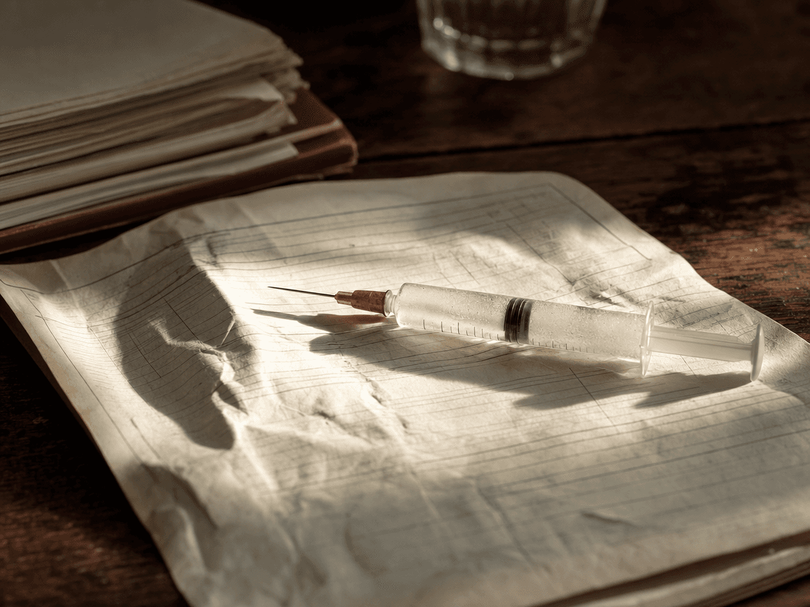 Une seringue en verre dépoli posée sur une feuille de bureaucratie administrative froissée, éclairée par un rai de lumière oblique traversant une fenêtre, fond de bois sombre.