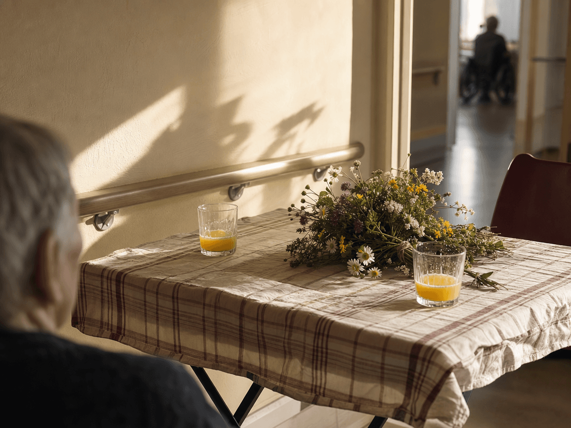 Une table de jardin pliante installée dans un couloir d'EHPAD, couverte d'une nappe à carreaux froissée, sur laquelle reposent deux verres de jus d'orange à moitié pleins et un bouquet de fleurs des champs posé en vrac, baignés d'une lumière de fin d'après-midi filtrant par une fenêtre hors champ.