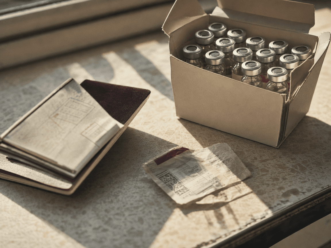 Une boîte de vaccins posée sur une table en formica usée, à côté d'un passeport ouvert et d'un billet d'avion froissé, baignés dans la lumière oblique d'une fin d'après-midi hivernale.