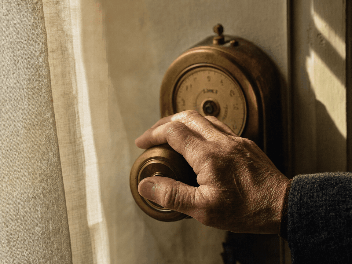 Une main posée sur un thermostat en laiton vieilli, cadran flou en arrière-plan, lumière rasante d'après-midi filtrant par un rideau de lin écru.