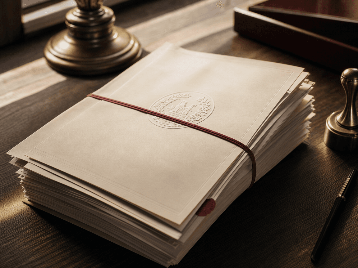Une liasse de documents notariaux posée sur une table en bois sombre, retenue par un élastique rouge, dans la lumière oblique d'une fin d'après-midi.