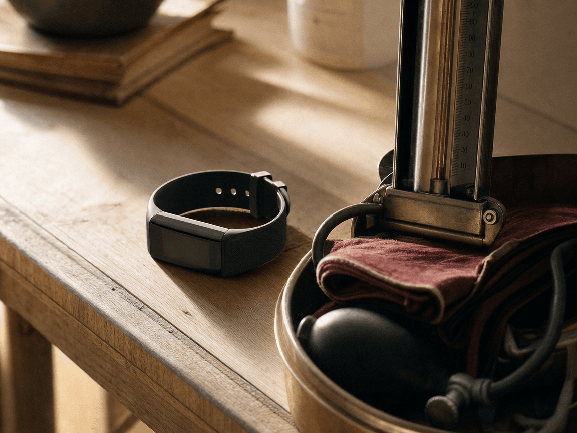 Un bracelet connecté noir posé sur une table en bois clair, à côté d'un tensiomètre à mercure ancien, baigné d'une lumière de fin d'après-midi qui effleure les deux objets sans les égaliser.