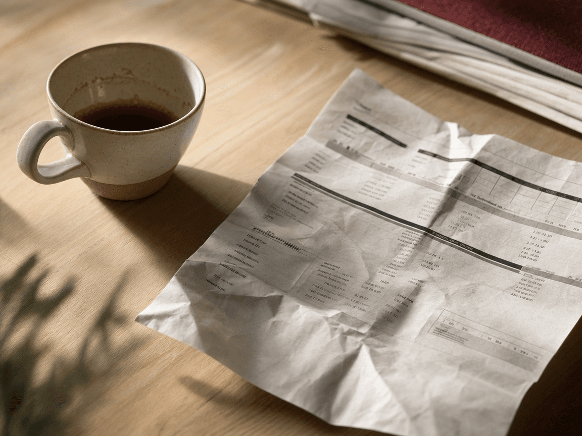 Une table en bois clair, fin de matinée, avec un relevé de compte bancaire froissé posé à côté d'une tasse de café à moitié vide, la lumière rasante révélant les chiffres imprimés sans qu'on puisse les lire.