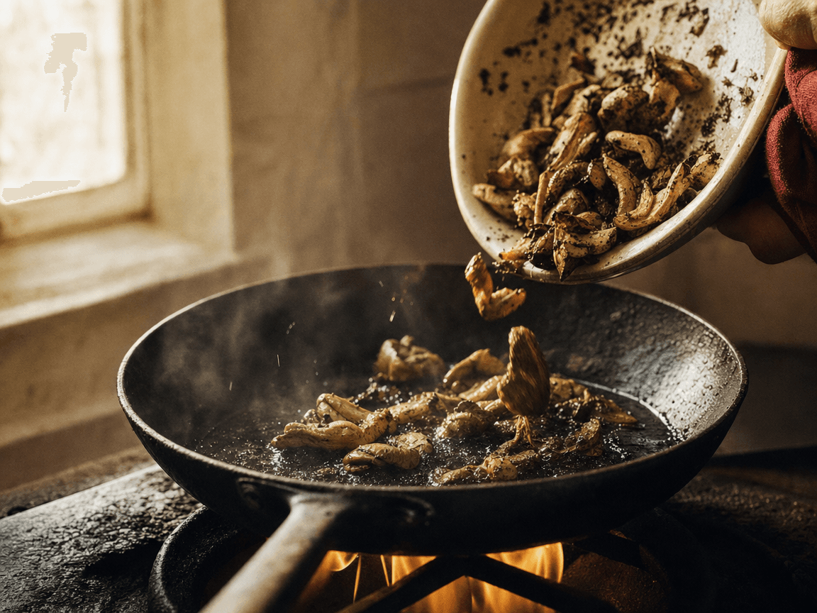 Une poêle en fonte noircie sur une flamme vive, quelques champignons sauvages encore terreux glissant dans l'huile fumante, lumière rasante d'une fenêtre de cuisine en fin d'après-midi.
