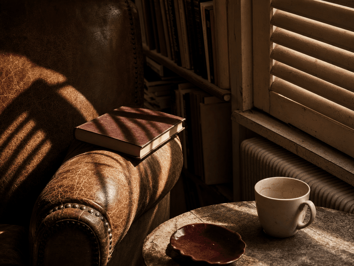 Lumière de début d'après-midi filtrant à travers des volets mi-clos sur un fauteuil en cuir vieilli, un livre fermé posé sur l'accoudoir et une tasse de café vide sur la table basse, la pièce dans une pénombre dorée et silencieuse.
