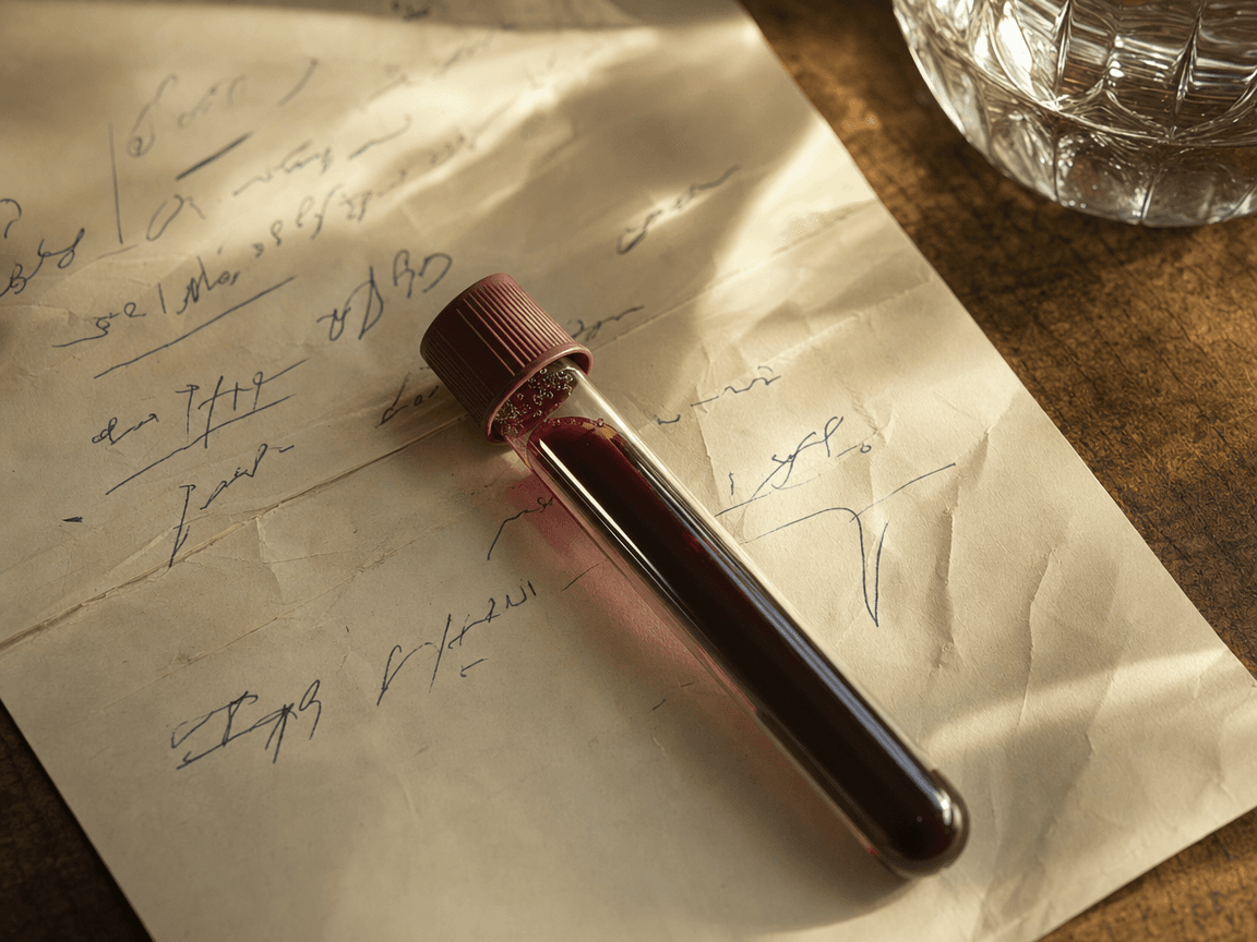 Un tube de prélèvement sanguin posé sur une feuille d'ordonnance manuscrite, légèrement froissée, baigné d'une lumière rasante de fin d'après-midi qui fait luire le verre et jaunir le papier.