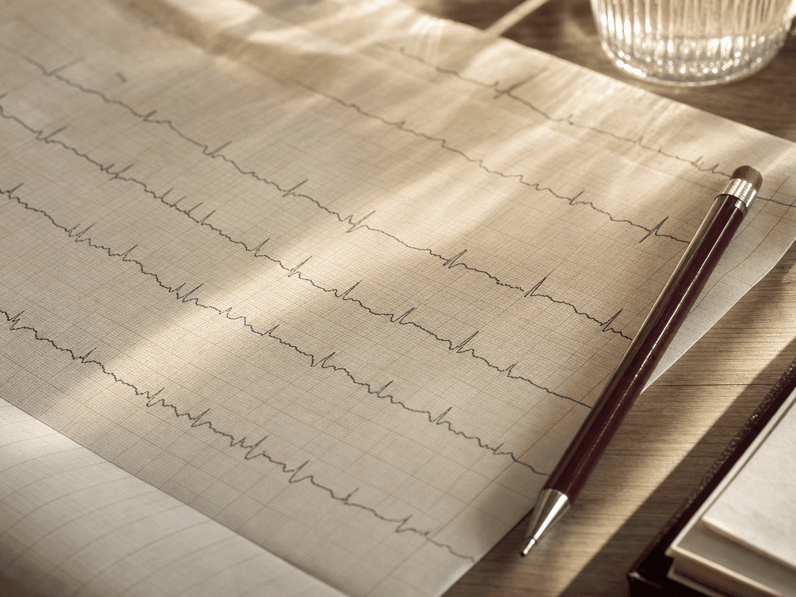 Une feuille de papier millimétré couverte de tracés ECG en zigzag posée à plat sur une table en bois clair, éclairée en lumière rasante de fin d'après-midi, un crayon médical abandonné en diagonale sur le bord du tracé.