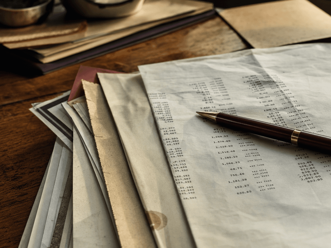 Une liasse de feuillets administratifs froissés sur une table en bois, un stylo posé en travers, la lumière du matin rasant les lignes de chiffres imprimés.