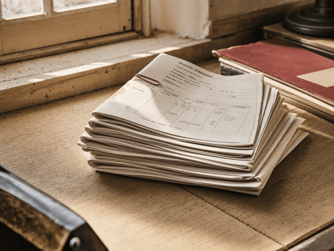 Une liasse de devis pliés en deux posée sur une table en bois clair, près d'une fenêtre à petits carreaux dont la lumière rasante révèle le grain du papier et la poussière fine sur le rebord.
