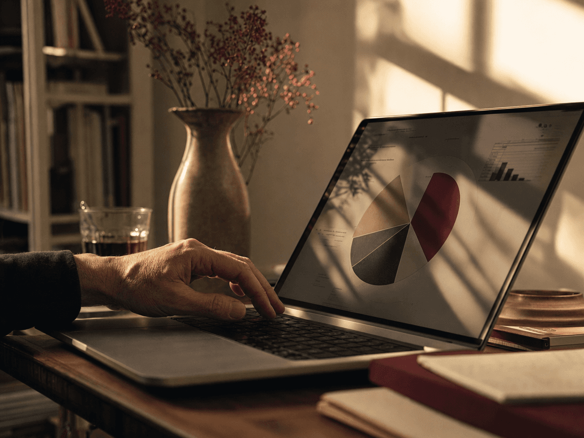 Une main posée sur un clavier d'ordinateur portable, l'écran reflétant un camembert aux couleurs vives dans la pénombre dorée d'une pièce familière.