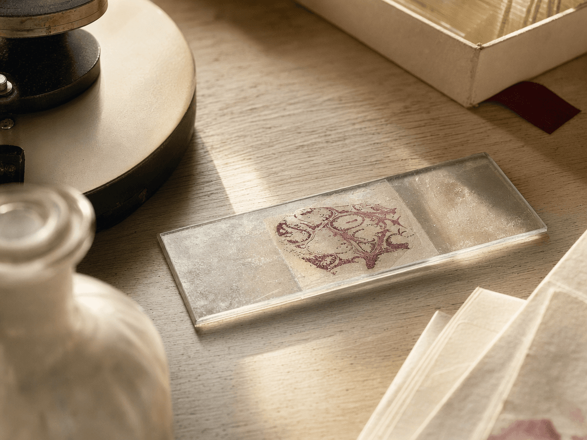 Une coupe histologique posée sur une table de laboratoire en bois clair, baignée d'une lumière dorée de fin d'après-midi, le verre légèrement embué comme si le temps s'y était déposé.