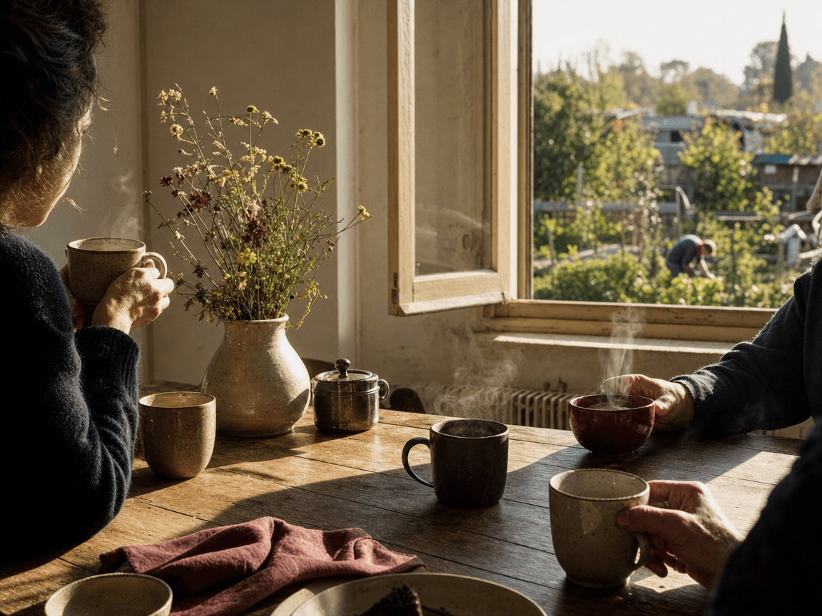 Une table de cuisine commune où se côtoient plusieurs tasses dépareillées encore fumantes, un bouquet de fleurs des champs dans un pot en grès, et une fenêtre ouverte sur un jardin partagé baigné de lumière matinale.